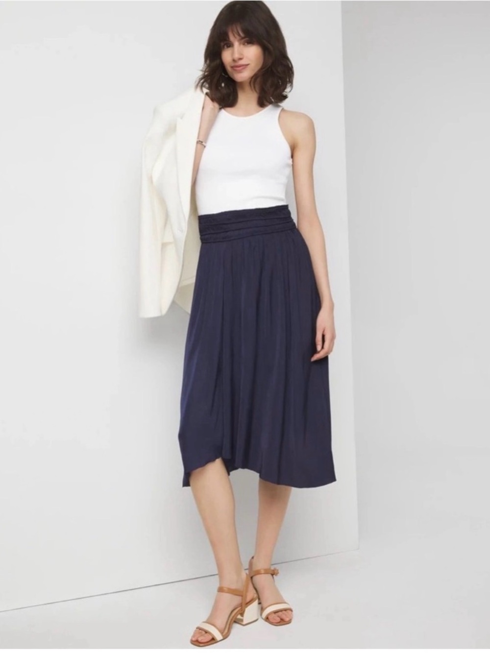 WHBM Navy Midi Skirt Smocked Waist 4